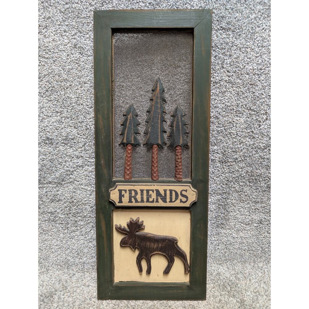 Vintage Handmade Rustic Wooden Sign Friends Moose Pine Trees Cabin Lodge Decor